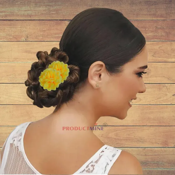Neon_Yellow_Bridal_Hair_Pin_Bun_Golden_Juda_Pins_With_Artificial_Big_4.5_Cm_Neon_Flowers_Hair_Pin_For_Women_And_Girls_Hair__-_Set_Of_4_Pcs