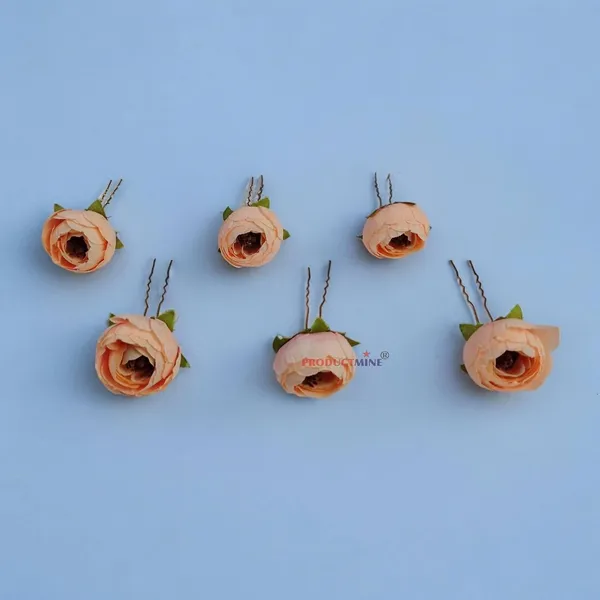 Peach_Bridal_Hair_Pin_Accessories/Fancy_Golden_Juda_Pins_With_Artificial_Big_4_Cm_Peach_Color_Flowers_Hair_Pin_For_Women_And_Girls_Hair__-_Set_Of_6_Pcs
