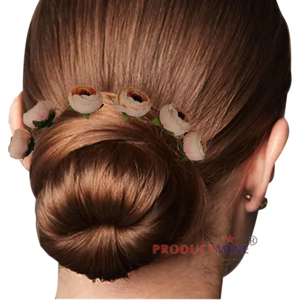 Peach_Bridal_Hair_Pin_Accessories/Fancy_Golden_Juda_Pins_With_Artificial_Big_4_Cm_Peach_Color_Flowers_Hair_Pin_For_Women_And_Girls_Hair__-_Set_Of_6_Pcs