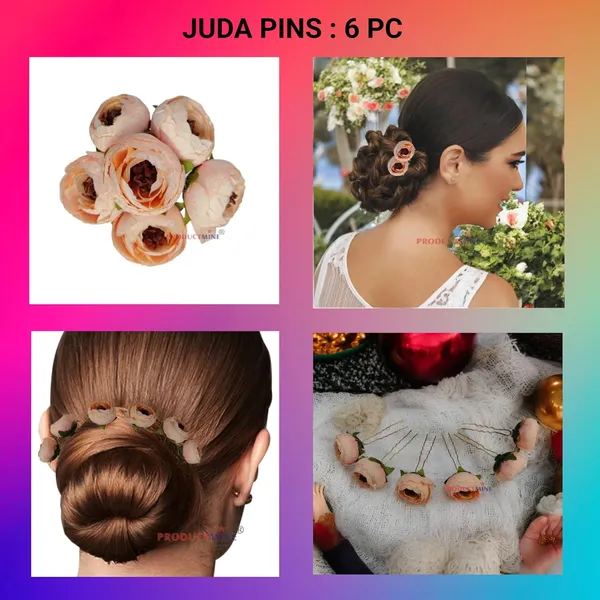 Peach_Bridal_Hair_Pin_Accessories/Fancy_Golden_Juda_Pins_With_Artificial_Big_4_Cm_Peach_Color_Flowers_Hair_Pin_For_Women_And_Girls_Hair__-_Set_Of_6_Pcs