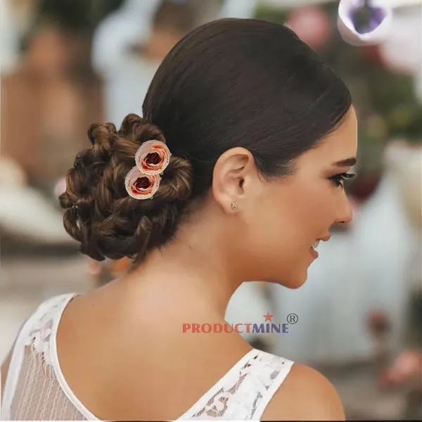 Peach_Bridal_Hair_Pin_Accessories/Fancy_Golden_Juda_Pins_With_Artificial_Big_4_Cm_Peach_Color_Flowers_Hair_Pin_For_Women_And_Girls_Hair__-_Set_Of_6_Pcs