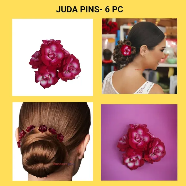 Magenta_Pink_'_Bridal_Hair_Pin_Bun_Pin_Accessories/Fancy_Golden_Juda_Pins_With_Artificial_Magenta_For_Women_And_Girls_Hair__-_Set_Of_6_Pcs