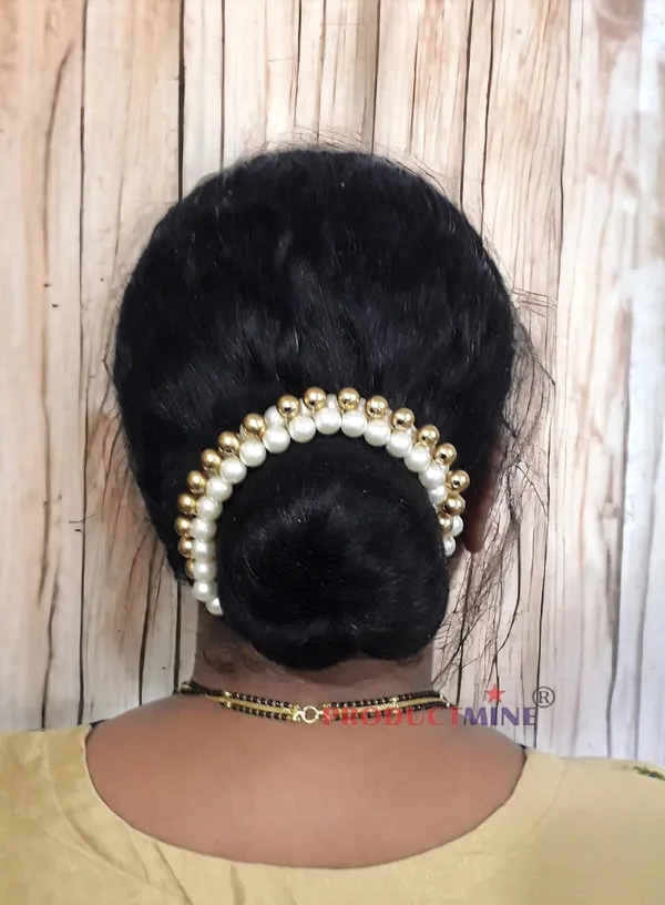 Golden_&_White_Artificial_Pearl_Beaded_Gajra_Garland_Veni_For_Festival_Wedding_Bun_Juda_Accessories_Ethnic_Look_Hair_Accessory_For_Women_And_Girls_:_1_Pc