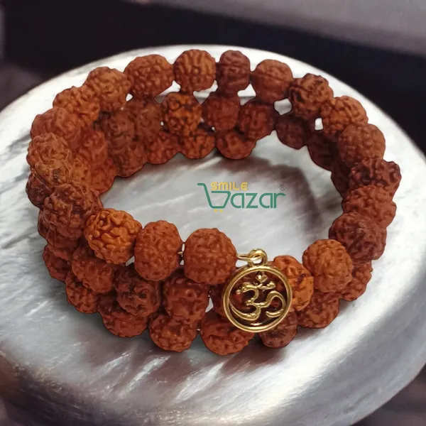 Rudraksha_Memory_Wire_Bracelet_With_Om_Charm_Stretchable_Energized_Wristband_Gift_For_Special_Ones