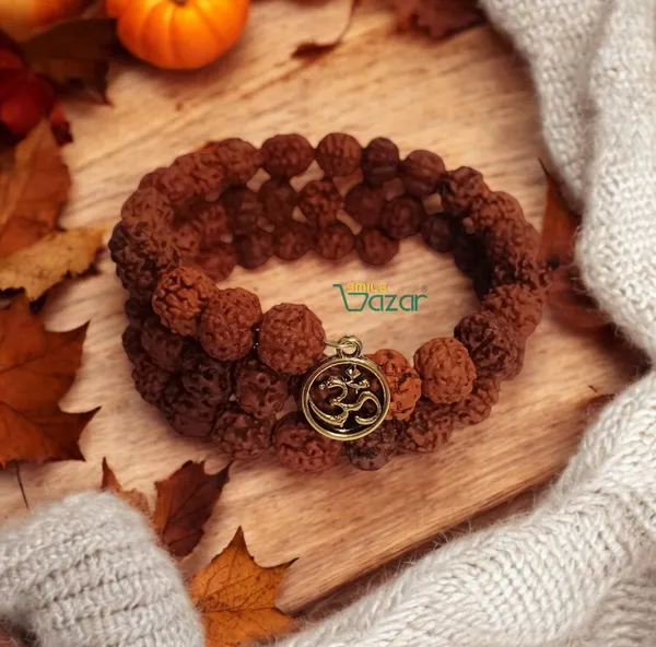 Rudraksha_Memory_Wire_Bracelet_With_Om_Charm_Stretchable_Energized_Wristband_Gift_For_Special_Ones