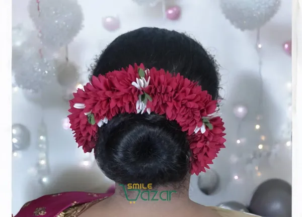 Set_Of_4_Pcs_-_Maroon_&_White_12_Inch_Premium__Flower_Fabric_Gajra__Fabric_Gajra_Garland_Veni_For_Festival_Wedding_Bun_Juda_Accessories_Ethnic_Look_Hair_Veni_Gajra_Hair_Accessory_For_Women_And_Girls