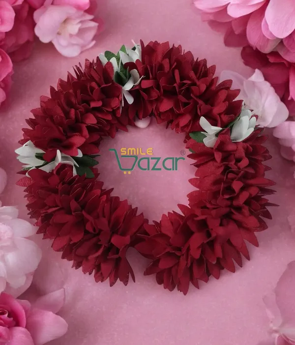 Set_Of_4_Pcs_-_Maroon_&_White_12_Inch_Premium__Flower_Fabric_Gajra__Fabric_Gajra_Garland_Veni_For_Festival_Wedding_Bun_Juda_Accessories_Ethnic_Look_Hair_Veni_Gajra_Hair_Accessory_For_Women_And_Girls