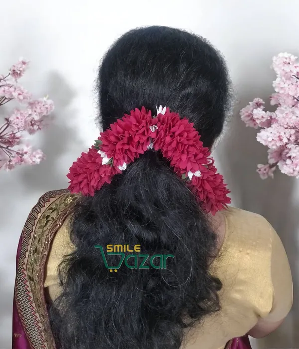 Set_Of_4_Pcs_-_Maroon_&_White_12_Inch_Premium__Flower_Fabric_Gajra__Fabric_Gajra_Garland_Veni_For_Festival_Wedding_Bun_Juda_Accessories_Ethnic_Look_Hair_Veni_Gajra_Hair_Accessory_For_Women_And_Girls