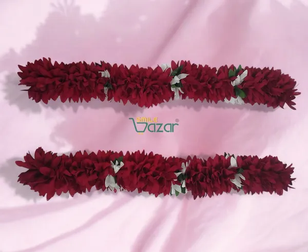 Set_Of_4_Pcs_-_Maroon_&_White_12_Inch_Premium__Flower_Fabric_Gajra__Fabric_Gajra_Garland_Veni_For_Festival_Wedding_Bun_Juda_Accessories_Ethnic_Look_Hair_Veni_Gajra_Hair_Accessory_For_Women_And_Girls