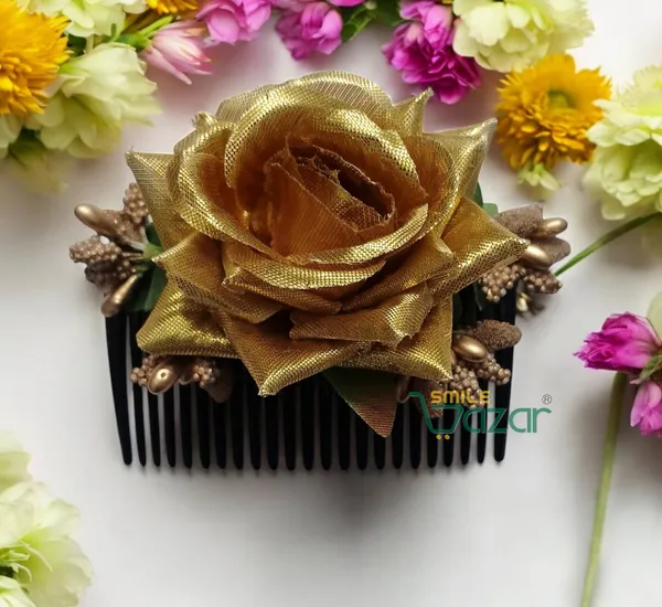 Smilebazar�Ͽ�Floral_Hair_Comb_Flower_Hair_Comb�Flower_Hair_Accessories_Hair_Comb_Pin_Floral_For_Women_And_Girls�Hair_Pins_For_Women_Wedding_-_Big_6_Cm_Golden_Color_Rose_-_1_Pc