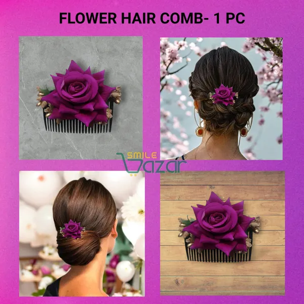 Smilebazar�Ͽ�Floral_Hair_Comb_Flower_Hair_Comb�Flower_Hair_Accessories_Hair_Comb_Pin_Floral_For_Women_And_Girls�Hair_Pins_For_Women_Wedding_-_Big_6_Cm_Purple_Color_Rose_-1_Pc