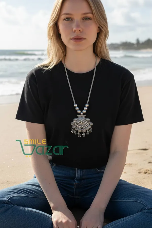 SMILEBAZAR®__Artificial_Oxidised_Traditional_Silver_Big_Pendant_Necklace_Chain_Stylish_Jewellery_–_Antique_Statement_Jewellery_for_Girls_&_Women_-_1_PC