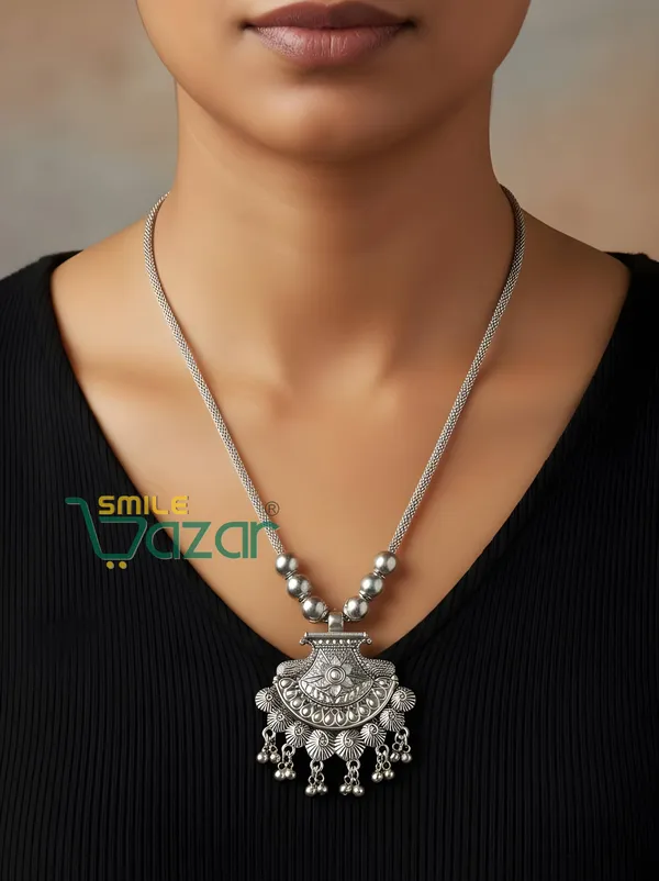 SMILEBAZAR®__Artificial_Oxidised_Traditional_Silver_Big_Pendant_Necklace_Chain_Stylish_Jewellery_–_Antique_Statement_Jewellery_for_Girls_&_Women_-_1_PC