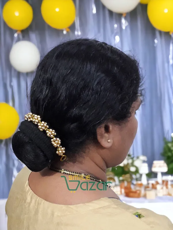 Smilebazar�_Artificial_Pearl_Beaded_Gajra_Garland_Veni_For_Festival_Wedding_Bun_Juda_Accessories_Ethnic_Look_Hair_Veni_Hair_Accessory_For_Women_And_Girls_Golden_Beads_-_1_Pc
