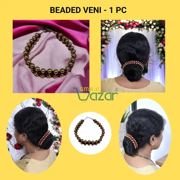 Smilebazar�_Artificial_Pearl_Beaded_Gajra_Garland_Veni_For_Festival_Wedding_Bun_Juda_Accessories_Ethnic_Look_Hair_Veni_Hair_Accessory_For_Women_And_Girls_Maroon_And_Golden_Beads_-_1_Pc