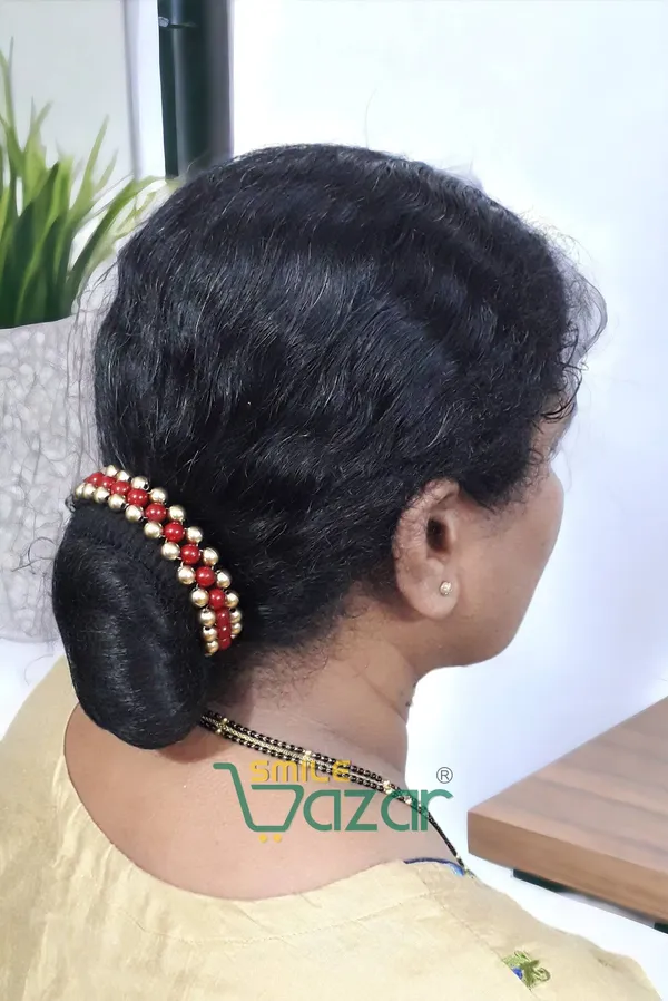 Smilebazar�_Artificial_Pearl_Beaded_Gajra_Garland_Veni_For_Festival_Wedding_Bun_Juda_Accessories_Ethnic_Look_Hair_Veni_Hair_Accessory_For_Women_And_Girls_Maroon_And_Golden_Beads_-_1_Pc