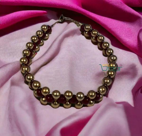 Smilebazar�_Artificial_Pearl_Beaded_Gajra_Garland_Veni_For_Festival_Wedding_Bun_Juda_Accessories_Ethnic_Look_Hair_Veni_Hair_Accessory_For_Women_And_Girls_Maroon_And_Golden_Beads_-_1_Pc