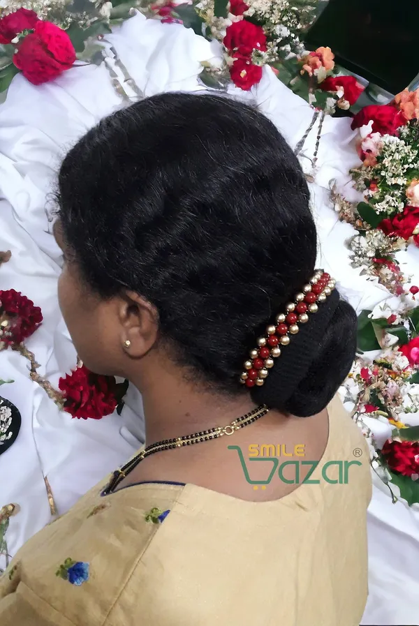 Smilebazar�_Artificial_Pearl_Beaded_Gajra_Garland_Veni_For_Festival_Wedding_Bun_Juda_Accessories_Ethnic_Look_Hair_Veni_Hair_Accessory_For_Women_And_Girls_Maroon_And_Golden_Beads_-_1_Pc