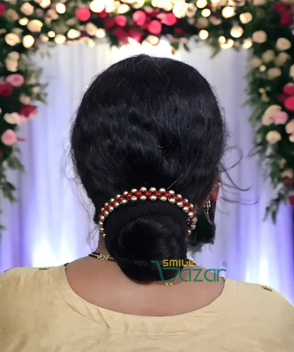 Smilebazar�_Artificial_Pearl_Beaded_Gajra_Garland_Veni_For_Festival_Wedding_Bun_Juda_Accessories_Ethnic_Look_Hair_Veni_Hair_Accessory_For_Women_And_Girls_Maroon_And_Golden_Beads_-_1_Pc