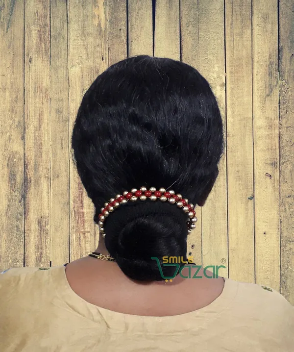 Smilebazar�_Artificial_Pearl_Beaded_Gajra_Garland_Veni_For_Festival_Wedding_Bun_Juda_Accessories_Ethnic_Look_Hair_Veni_Hair_Accessory_For_Women_And_Girls_Maroon_And_Golden_Beads_-_1_Pc