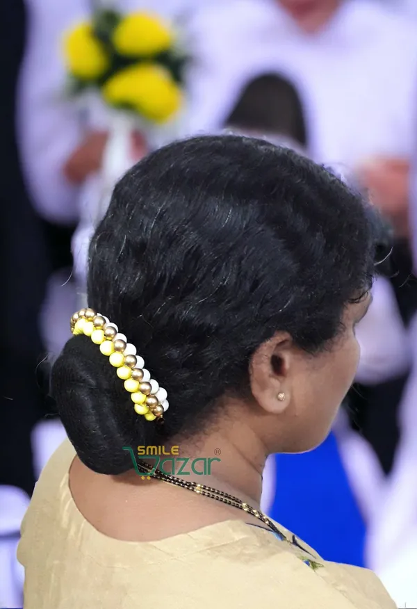 Smilebazar�_Artificial_Pearl_Beaded_Gajra_Garland_Veni_For_Festival_Wedding_Bun_Juda_Accessories_Ethnic_Look_Hair_Veni_Hair_Accessory_For_Women_And_Girls_White,_Yellow_And_Golden_Beads_-_1_Pc