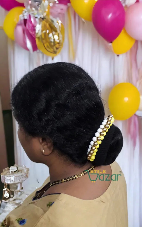 Smilebazar�_Artificial_Pearl_Beaded_Gajra_Garland_Veni_For_Festival_Wedding_Bun_Juda_Accessories_Ethnic_Look_Hair_Veni_Hair_Accessory_For_Women_And_Girls_White,_Yellow_And_Golden_Beads_-_1_Pc
