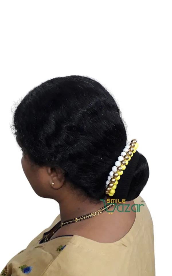 Smilebazar�_Artificial_Pearl_Beaded_Gajra_Garland_Veni_For_Festival_Wedding_Bun_Juda_Accessories_Ethnic_Look_Hair_Veni_Hair_Accessory_For_Women_And_Girls_White,_Yellow_And_Golden_Beads_-_1_Pc