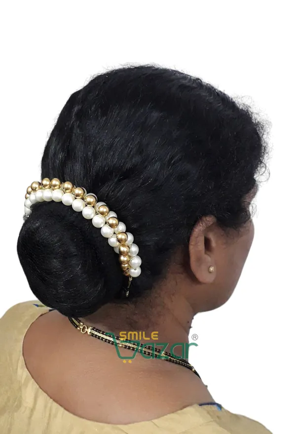 Golden_&_White_Artificial_Pearl_Beaded_Gajra_Garland_Veni_For_Festival_Wedding_Bun_Juda_Accessories_Ethnic_Look_Hair_Accessory_For_Women_And_Girls_:_1_Pc