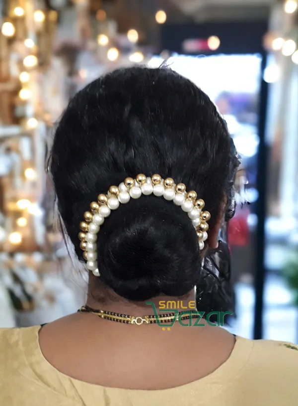 Golden_&_White_Artificial_Pearl_Beaded_Gajra_Garland_Veni_For_Festival_Wedding_Bun_Juda_Accessories_Ethnic_Look_Hair_Accessory_For_Women_And_Girls_:_1_Pc