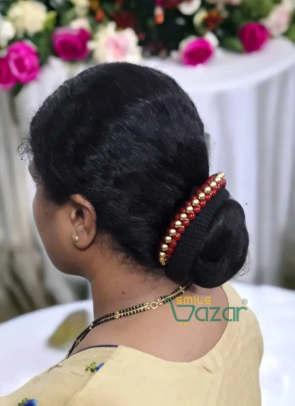 Smilebazar�_Artificial_Pearl_Beaded_Gajra_Garland_Veni_For_Festival_Wedding_Bun_Juda_Accessories_Ethnic_Look_Hair_Veni_Hair_Accessory_For_Women_And_Girls_Maroon_And_Golden_Beads_-_1_Pc