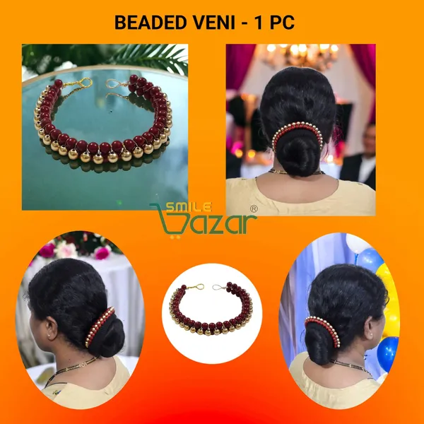 Smilebazar�_Artificial_Pearl_Beaded_Gajra_Garland_Veni_For_Festival_Wedding_Bun_Juda_Accessories_Ethnic_Look_Hair_Veni_Hair_Accessory_For_Women_And_Girls_Maroon_And_Golden_Beads_-_1_Pc