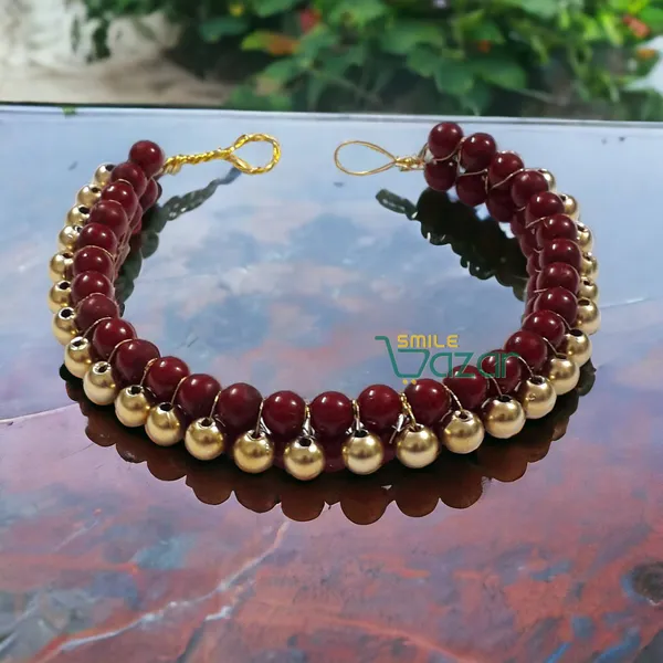 Smilebazar�_Artificial_Pearl_Beaded_Gajra_Garland_Veni_For_Festival_Wedding_Bun_Juda_Accessories_Ethnic_Look_Hair_Veni_Hair_Accessory_For_Women_And_Girls_Maroon_And_Golden_Beads_-_1_Pc