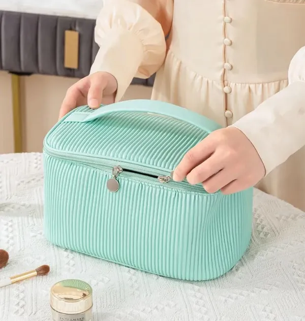 BLUE_BEADS_Cosmetic_Vanity_Bag_PU_Leather_with_Makeup_Brush_Bag_Multifunction_Toiletries_Organizer_Toiletry_Bag_for_Women_and_Girls_(Turquoise)