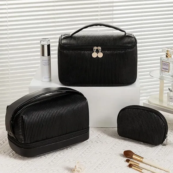 BLUE_BEADS_Cosmetic_Vanity_Bag_PU_Leather_with_Makeup_Brush_Bag_Multifunction_Toiletries_Organizer_Toiletry_Bag_for_Women_and_Girls_(Black)