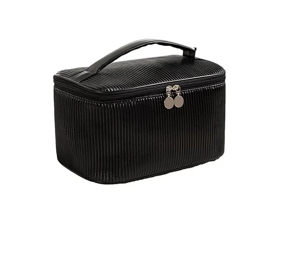 BLUE_BEADS_Cosmetic_Vanity_Bag_PU_Leather_with_Makeup_Brush_Bag_Multifunction_Toiletries_Organizer_Toiletry_Bag_for_Women_and_Girls_(Black)