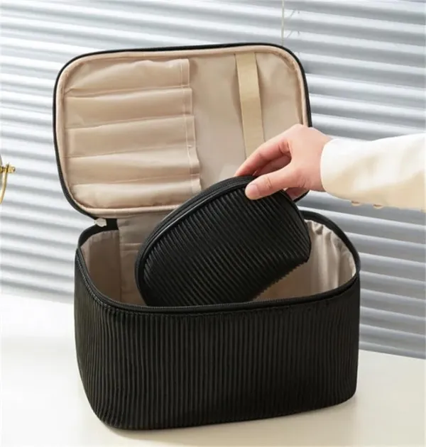 BLUE_BEADS_Cosmetic_Vanity_Bag_PU_Leather_with_Makeup_Brush_Bag_Multifunction_Toiletries_Organizer_Toiletry_Bag_for_Women_and_Girls_(Black)
