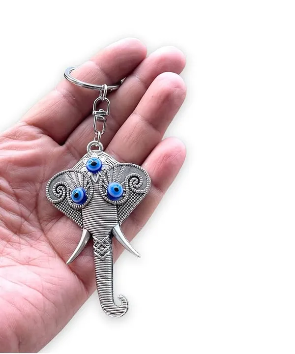 Pack_of_2_BLUE_BEADS_Evil_Eye_Keychain_With_Silver_Elephant_Lord_Ganpati/Ganesh_Face_Keychain_For_Bike/Car_Gifting_With_Key_Ring