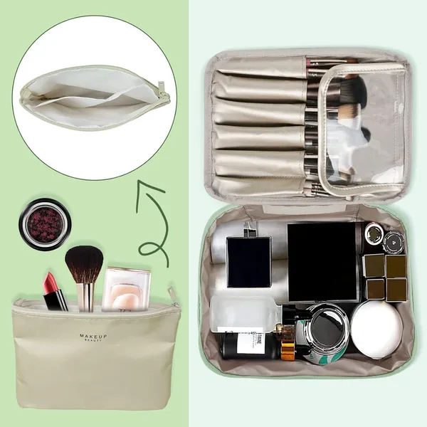 BLUE_BEADS_Grey_Color_2pcs_Women_Cosmetic_Bag_with_Makeup_Brush_Bag_Multifunction_Toiletries_Organizer_Portable_Travel_Waterproof_Makeup_Pouch_Toiletry_Bag_for_Women_and_Girls