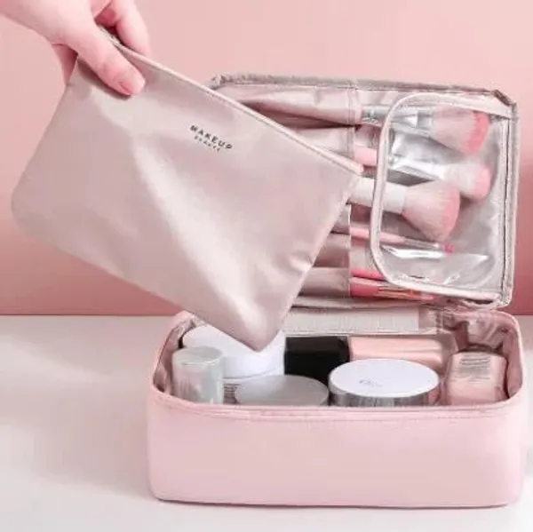 BLUE_BEADS_Grey_Color_2pcs_Women_Cosmetic_Bag_with_Makeup_Brush_Bag_Multifunction_Toiletries_Organizer_Portable_Travel_Waterproof_Makeup_Pouch_Toiletry_Bag_for_Women_and_Girls