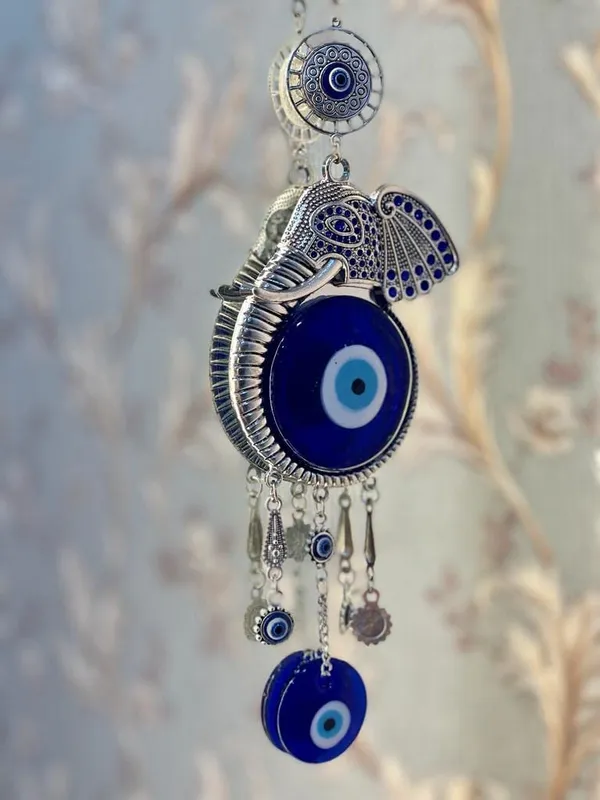 BLUE_BEADS_Evil_Eye_Hanging/Door_Hanging_Prevent_Bad_Energy_Bring_Wealth_Fortune_Coloured_Glaze_Alloy_Evil_Eye_Hanging_Ornament,Evil_Eye_Decor,Evil_Eye_Car_Ornament_(Elephant_Design)