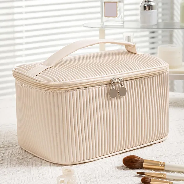 BLUE_BEADS_Cosmetic_Vanity_Bag_Pu_Leather_With_Makeup_Brush_Bag_Multifunction_Toiletries_Organizer_Toiletry_Bag_For_Women_And_Girls_(Beige),_15_Cm