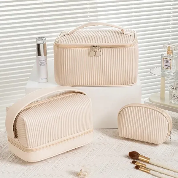 BLUE_BEADS_Cosmetic_Vanity_Bag_Pu_Leather_With_Makeup_Brush_Bag_Multifunction_Toiletries_Organizer_Toiletry_Bag_For_Women_And_Girls_(Beige),_15_Cm