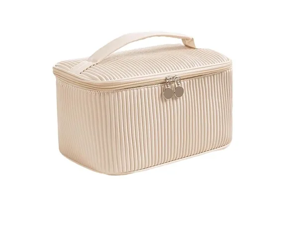 BLUE_BEADS_Cosmetic_Vanity_Bag_Pu_Leather_With_Makeup_Brush_Bag_Multifunction_Toiletries_Organizer_Toiletry_Bag_For_Women_And_Girls_(Beige),_15_Cm