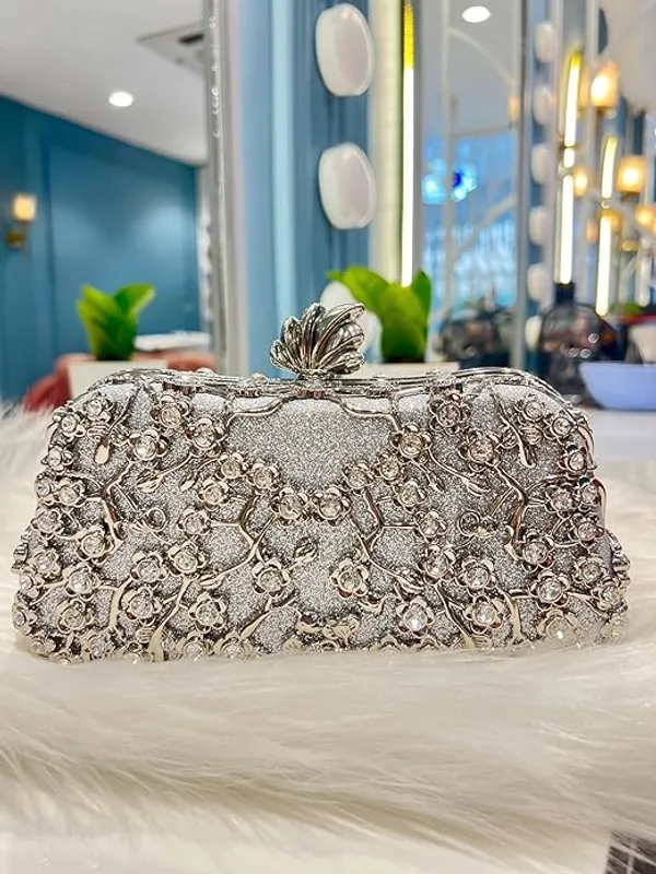 BLUE_BEADS_Small_Crystal_and_Metal_Elegant_Rhinestone_Clutch_Evening_Purse_Night_Party_Clutch_for_Wedding_Cocktail_Party_and_Special_Occasions_(Silver)