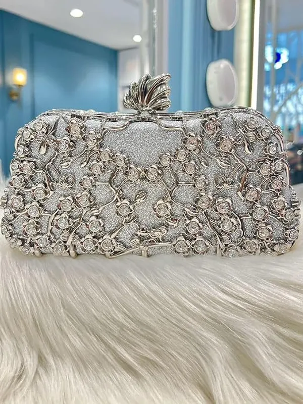 BLUE_BEADS_Small_Crystal_and_Metal_Elegant_Rhinestone_Clutch_Evening_Purse_Night_Party_Clutch_for_Wedding_Cocktail_Party_and_Special_Occasions_(Silver)