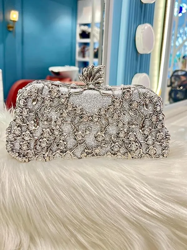 BLUE_BEADS_Small_Crystal_and_Metal_Elegant_Rhinestone_Clutch_Evening_Purse_Night_Party_Clutch_for_Wedding_Cocktail_Party_and_Special_Occasions_(Silver)