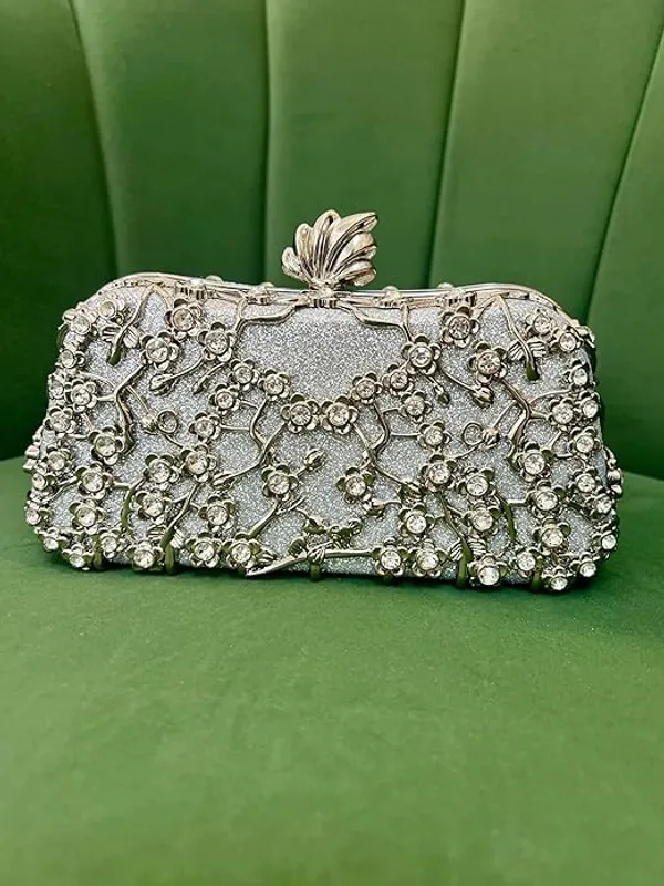 BLUE_BEADS_Small_Crystal_and_Metal_Elegant_Rhinestone_Clutch_Evening_Purse_Night_Party_Clutch_for_Wedding_Cocktail_Party_and_Special_Occasions_(Silver)