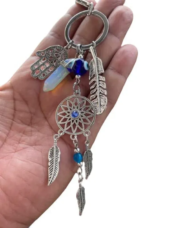 Blue_&_Silver_New_Trending_Evil_Eye_Lucky_Hamsa_Leaf_With_Dream_Catcher_Car_Hanging_Key_Chain_Key_Ring__Metal