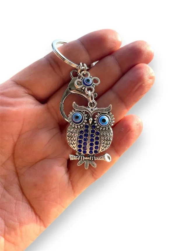 BLUE_BEADS_Blue_and_Silver_Color_Owl_with_Evil_Eye_Keychain_For_Bike/Car_Gifting_With_Key_Ring_Anti-Rust