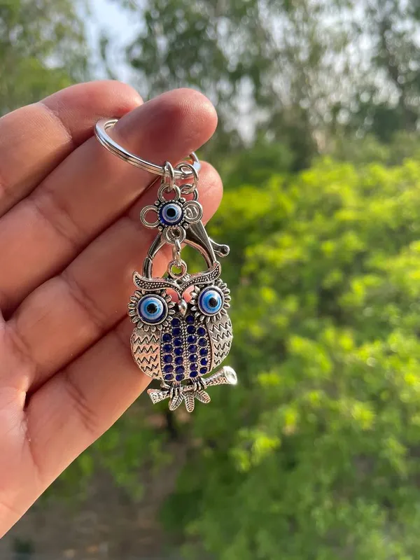 BLUE_BEADS_Blue_and_Silver_Color_Owl_with_Evil_Eye_Keychain_For_Bike/Car_Gifting_With_Key_Ring_Anti-Rust